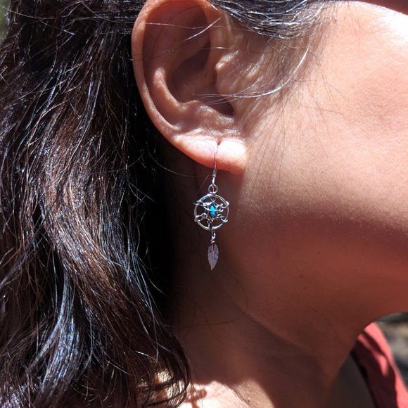 Navajo Mini Dreamcatcher Leaf Dangle Earrings Turquoise Native Am Jewelry*** - Picture 4 of 9